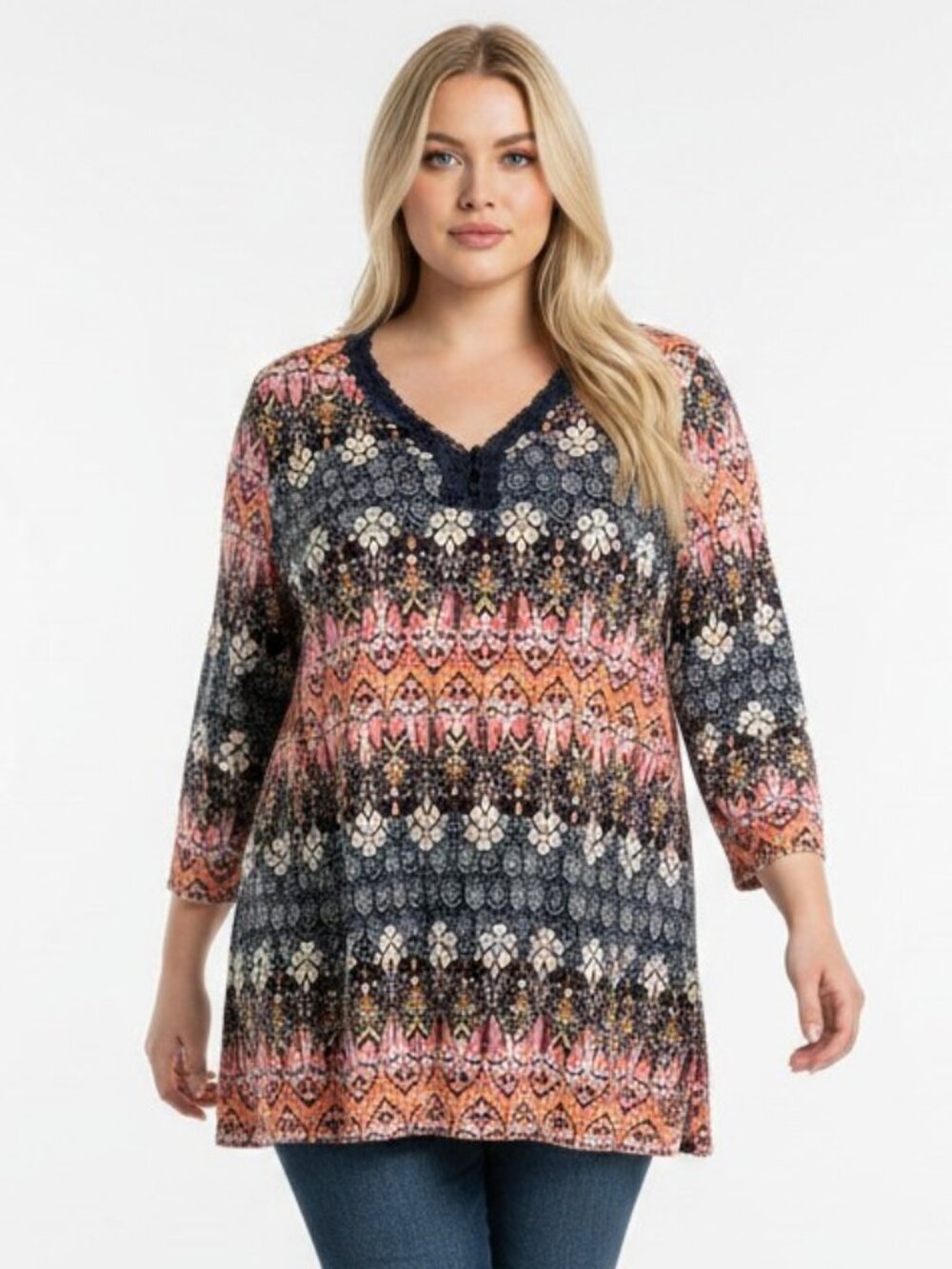 Catherines 2X Boho Medallion Print Rayon Crochet V Neck Tunic Top, Never Worn